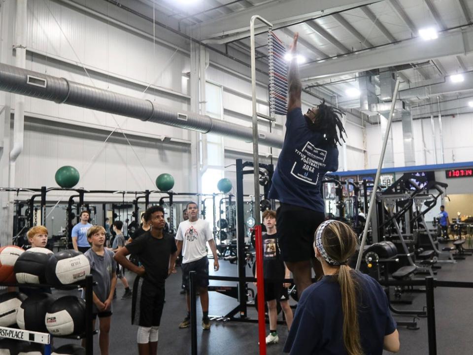 Darnell Savage of the Green Bay Packers participates in the vertical jump test at a free NFL clinic for youths at Chase Fieldhouse in Wilmington on Friday, June 17, 2022.