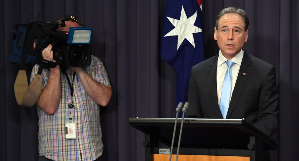 Minister for Health, Greg Hunt, at a press conference at Parliament House in Canberra. Source: AAP