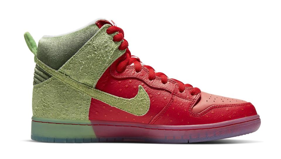 The medial side of the Todd Bratrud x Nike SB Dunk High “Strawberry.” - Credit: Courtesy of Nike