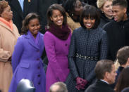 The First Lady accessorizes with a stunning J. Crew belt to go along with Malia's J. Crew jacket. (Photo by Mark Wilson/Getty Images)