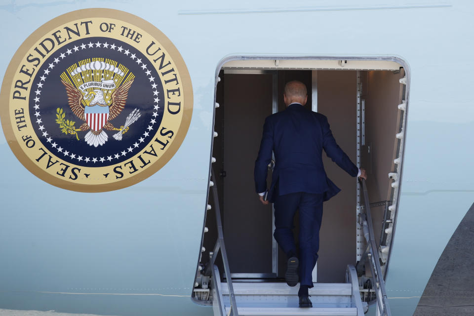 FILE - President Joe Biden boards Air Force One, March 11, 2024, at Andrews Air Force Base, Md. The White House and the Democratic National Committee are splitting the cost of Biden’s travel while he runs for a second term. It’s part of a longstanding arrangement that prevents taxpayers from being stuck with the full bill for political trips. (AP Photo/Luis M. Alvarez, File)