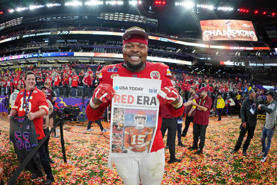 Chiefs offensive tackle Jawaan Taylor poses for a photo after winning Super Bowl LVIII at Allegiant Stadium in Las Vegas.