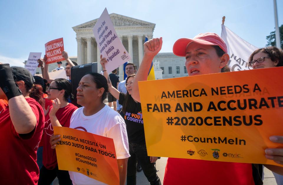 Demonstrators gathered at the Supreme Court in June 2019 as justices ruled on the Trump administration's proposal to inquire about citizenship status on the 2020 census.