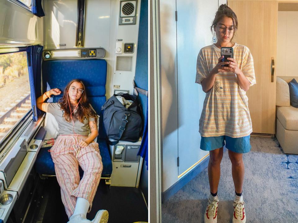 The author wears comfy clothing on a train (L) and a cruise ship (R)