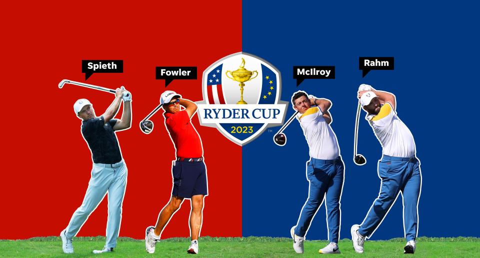 Jordan Spieth, Rickie Fowler and the rest of Team USA (left), will face-off vs.Rory McIlroy, Jon Rahm and Team Europe in the Ryder Cup Friday through Sunday at the Marco Simone Golf & Country Club, outside Rome.