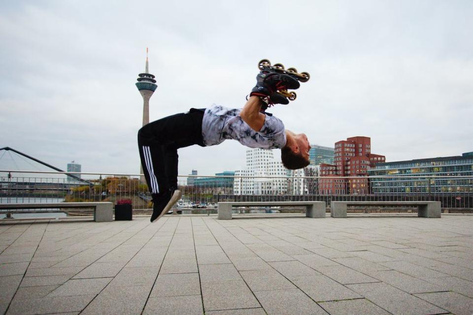 Mirko Hansen of Germany has combined rollerblading and handstands into a new sport -- handskating!