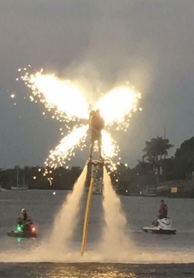 Men flew around over the water in jetpacks. Photo: Instagram