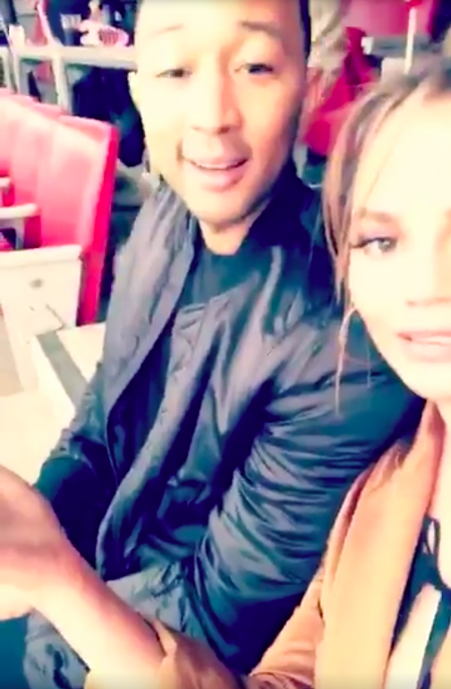 <p>The model and singer couple were safely ensconced in their seats early in the game. (Photo: <a rel="nofollow noopener" href="https://twitter.com/chrissyteigen/status/828379525037834241" target="_blank" data-ylk="slk:Twitter" class="link ">Twitter</a>) </p>
