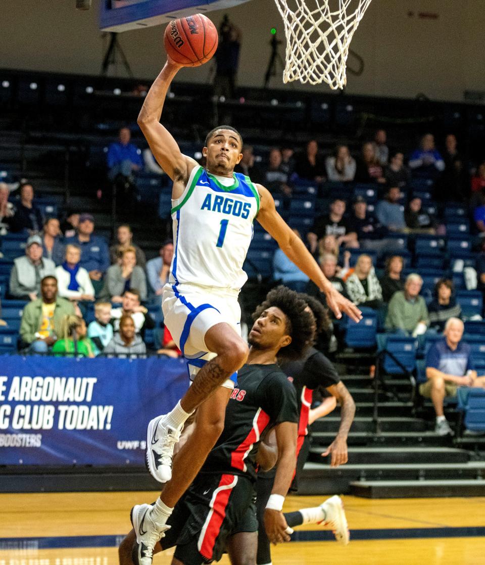 West Florida Argo Darrin Jenkins goes up for two during second period action against Valdosta State. West Florida beat Valdosta State in overtime 99-97 at The UWF Fieldhouse Saturday, January 8, 2022.