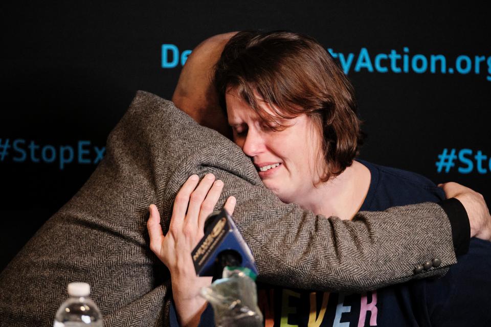 Reverend Dr Jeff Hood (L), the spiritual advisor for convicted killer Kenneth Eugene Smith, comforts Smith’s wife Deanna Smith as she describes the execution of her husband by nitrogen gas (EPA)