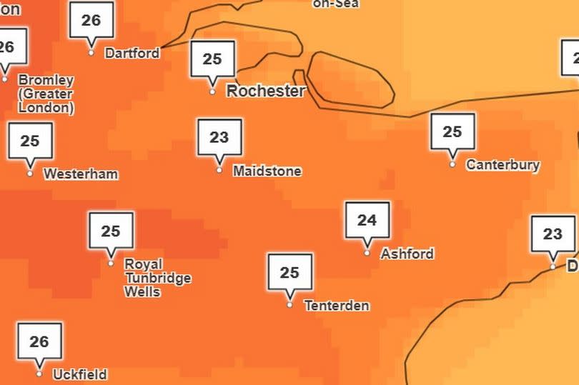 Temperature peaks of 26C and 27C have been forecast in Kent (Pictured: Met Office temperature forecast for 4pm on Wednesday, June 26)