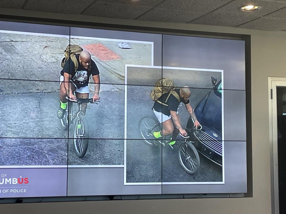 Images released by Columbus police show Michael J. Brooks II, 28, riding a bike in the University District. Police believe the images show Brooks shortly after 77-year-old Emily Foster was killed on Sept. 9.