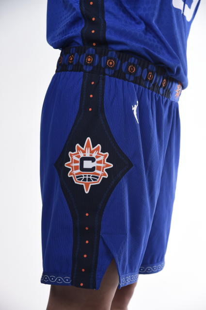 This photo provided by Connecticut Sun on Thursday, April 8, 2021, shows the new Nike "Rebel" edition uniform for the Connecticut Sun WNBA team. As numerous sports teams continue to come under fire for using Native American names and symbols, The Connecticut Sun is putting them on their new jerseys with the input of the team's owners—the Mohegan Indian tribe. (Connecticut Sun/Khoi Ton via AP)