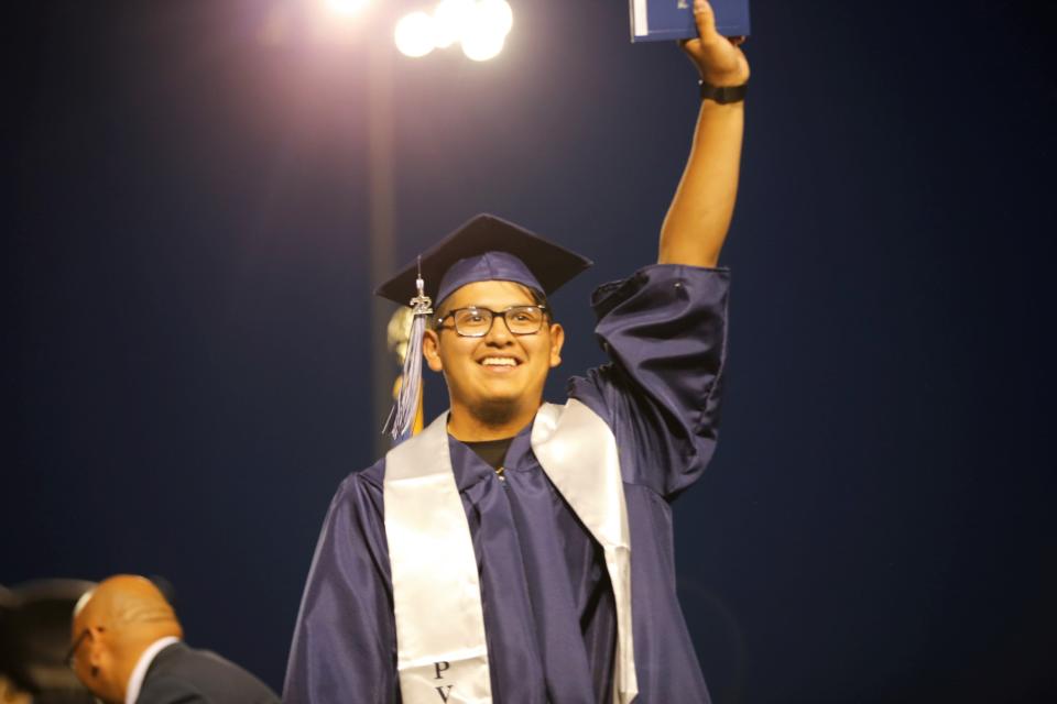Piedra Vista High School graduate LaTerrian Howard reacts to receiving his diploma at the 2022 graduation ceremony on May 17 at Hutchison Stadium in Farmington.