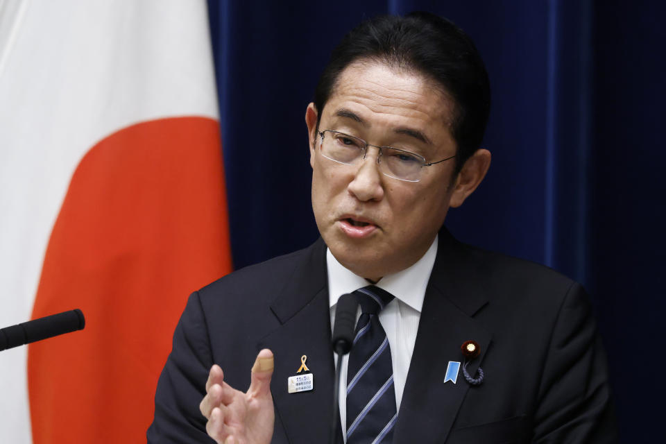 Japan's Prime Minister Fumio Kishida speaks during a news conference at his office building in Tokyo, Thursday, Nov. 2, 2023. (Kiyoshi Ota/Pool Photo via AP)