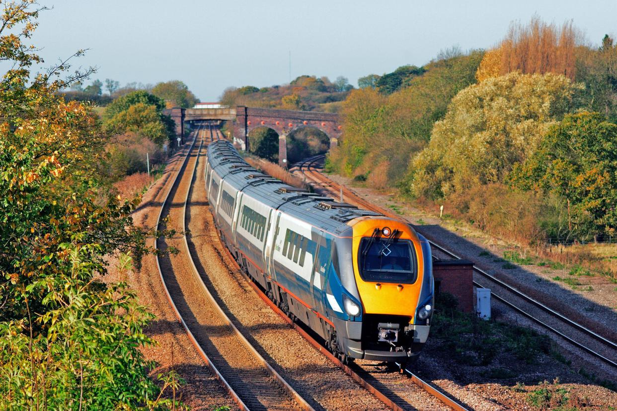 Train  A Class 222 Meridian diesel multiple unit number 222001 working a Midland Mainline service at Souldrop on the 12th November 2005.