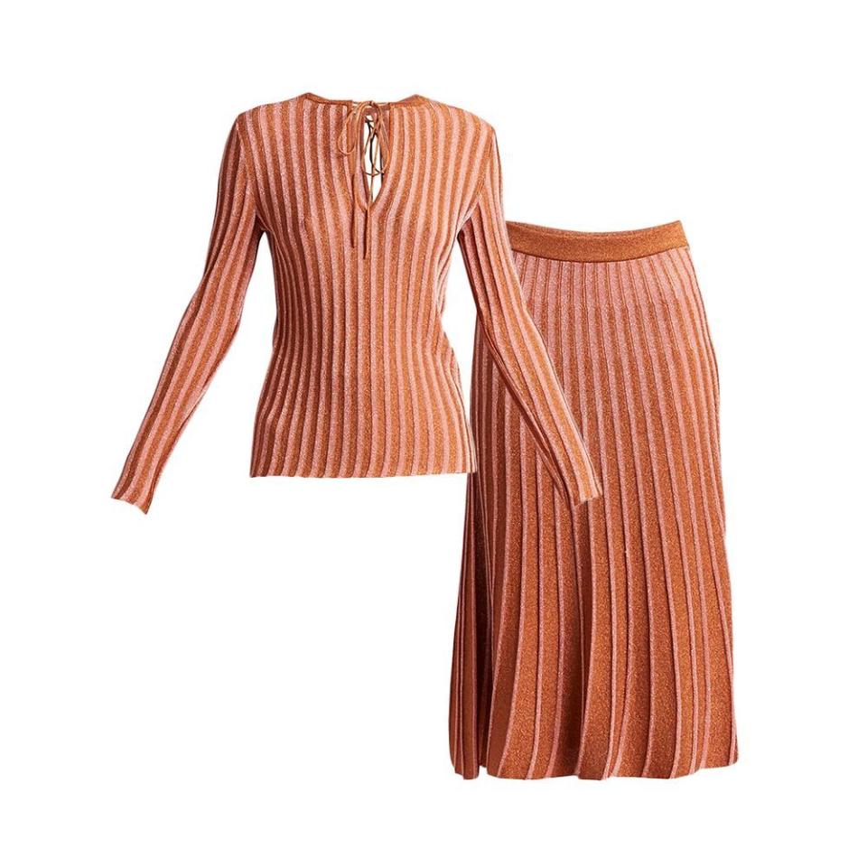 Metallic Stripe Pleated Long-Sleeve Top