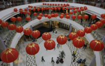 Red lanterns adorn a mall in Manila's Chinatown, Philippines on Sunday Sept. 30, 2012. The mall held several events as part of its celebrations for the Chinese mid-autumn festival. (AP Photo/Aaron Favila)