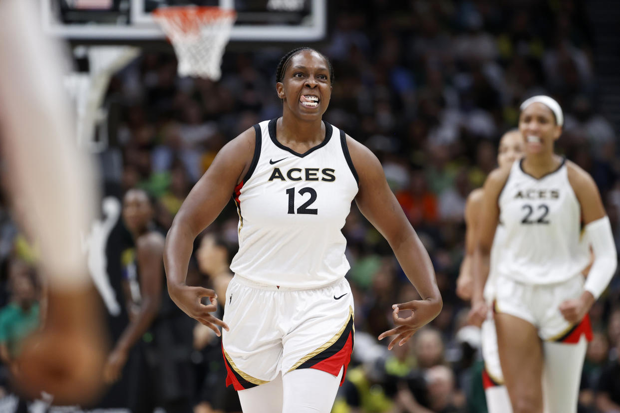 Las Vegas Aces guard Chelsea Gray reacts against the Seattle Storm during Game 3 of the 2022 WNBA semifinals at Climate Pledge Arena in Seattle on Sept. 4, 2022. (Steph Chambers/Getty Images)
