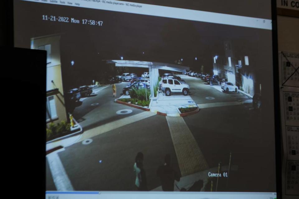 Security footage from Jennifer Besser and Matthew Chachere’s apartment complex shows the couple walking to the pedestrian bridge that connects to Sacramento Drive on Nov. 21, 2022 is shown during the preliminary hearing against Daniel Saligan Patricio on Nov. 14, 2023. Saligan Patricio is charged with two counts of vehicular manslaughter for the deaths of Jennifer Besser and Matthew Chachere on Nov. 21, 2022, who are believed to have been hit by Saligan Patricio’s car minutes after this footage concludes. A San Luis Obispo Police detective testified the time stamp on the footage is approximately 25 minutes fast.