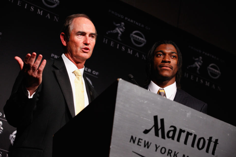 NEW YORK, NY - DECEMBER 10: (L-R) Coach Art Briles and Heisman Memorial Trophy Award winner Robert Griffin III of the Baylor Bears speak at a press conference at The New York Marriott Marquis on December 10, 2011 in New York City. (Photo by Jeff Zelevansky/Getty Images)