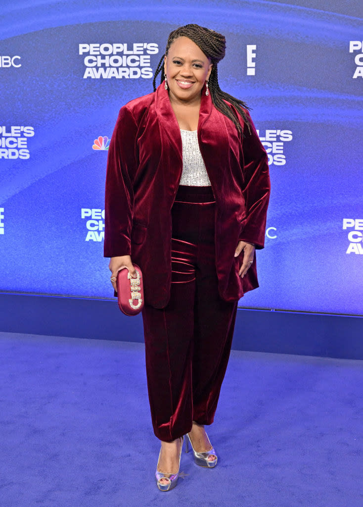 Chandra Wilson attends the 2022 People's Choice Awards in a velvet jumpsuit