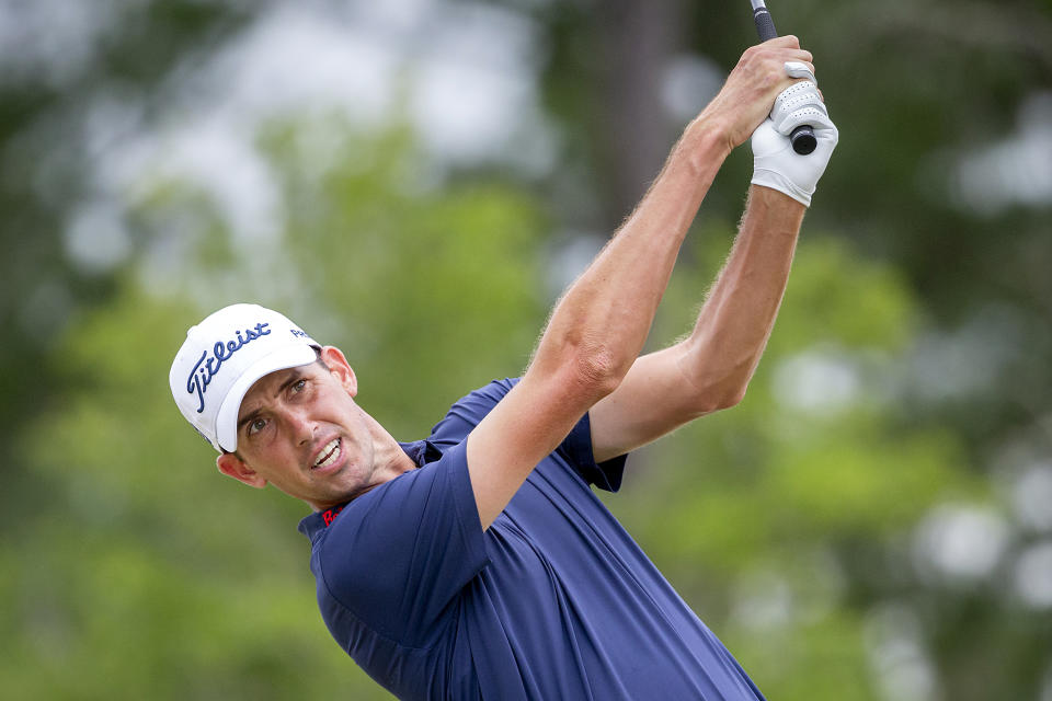 Chesson Hadley watches his drive off the third tee during the final round of the Palmetto Championship golf tournament in Ridgeland, S.C., Sunday, June 13, 2021. (AP Photo/Stephen B. Morton)