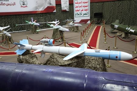 Missiles and drone aircrafts are seen on display at an exhibition at an unidentified location in Yemen in this undated handout photo released by the Houthi Media Office