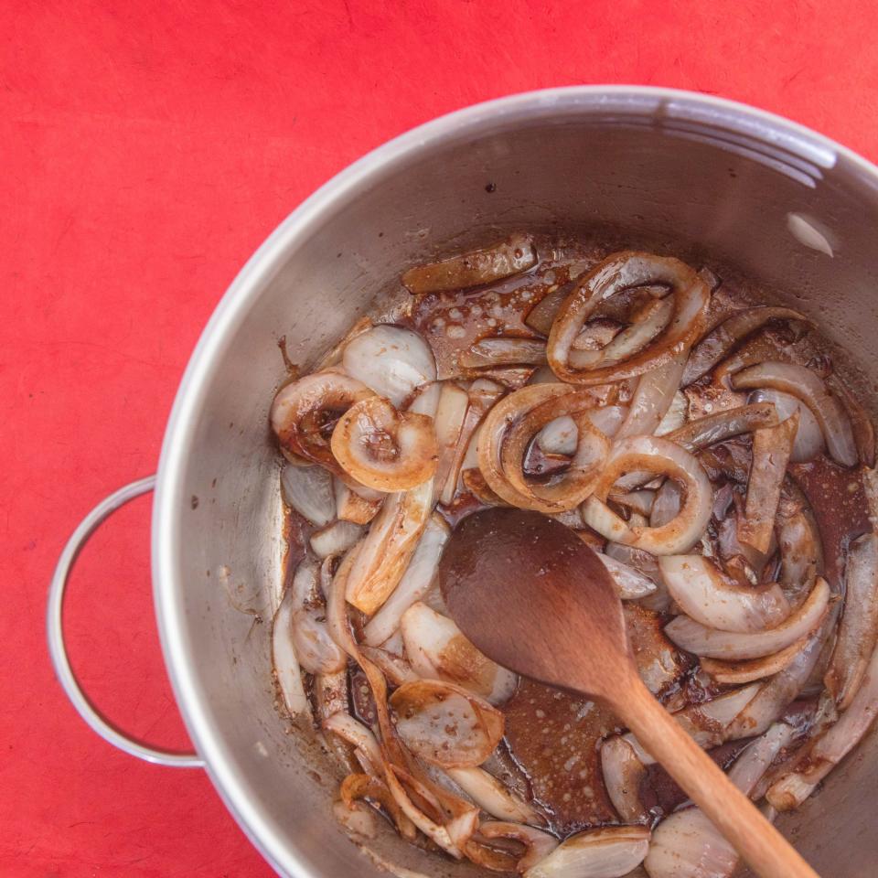 caramelizing onions in a pot