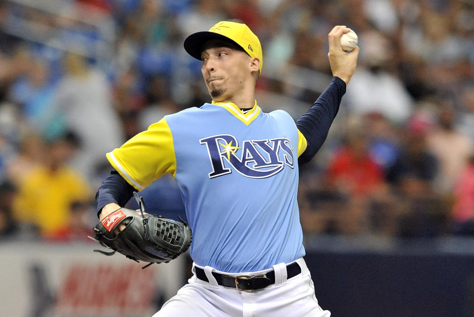 Blake Snell’s fastball sits at 96 mph, two ticks up from when he arrived. (AP)