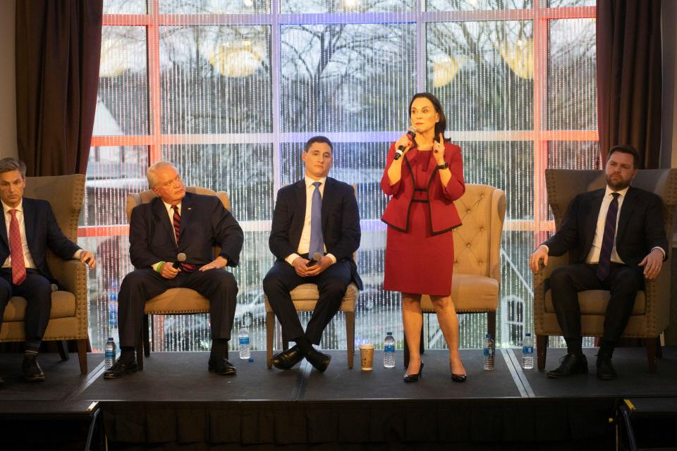 Jane Timken speaks at the FreedomWorks forum for Ohio's Republican Senate candidates on March 18 in Columbus. Candidates Matt Dolan, Mike Gibbons, Josh Mandel and J.D. Vance also attended.