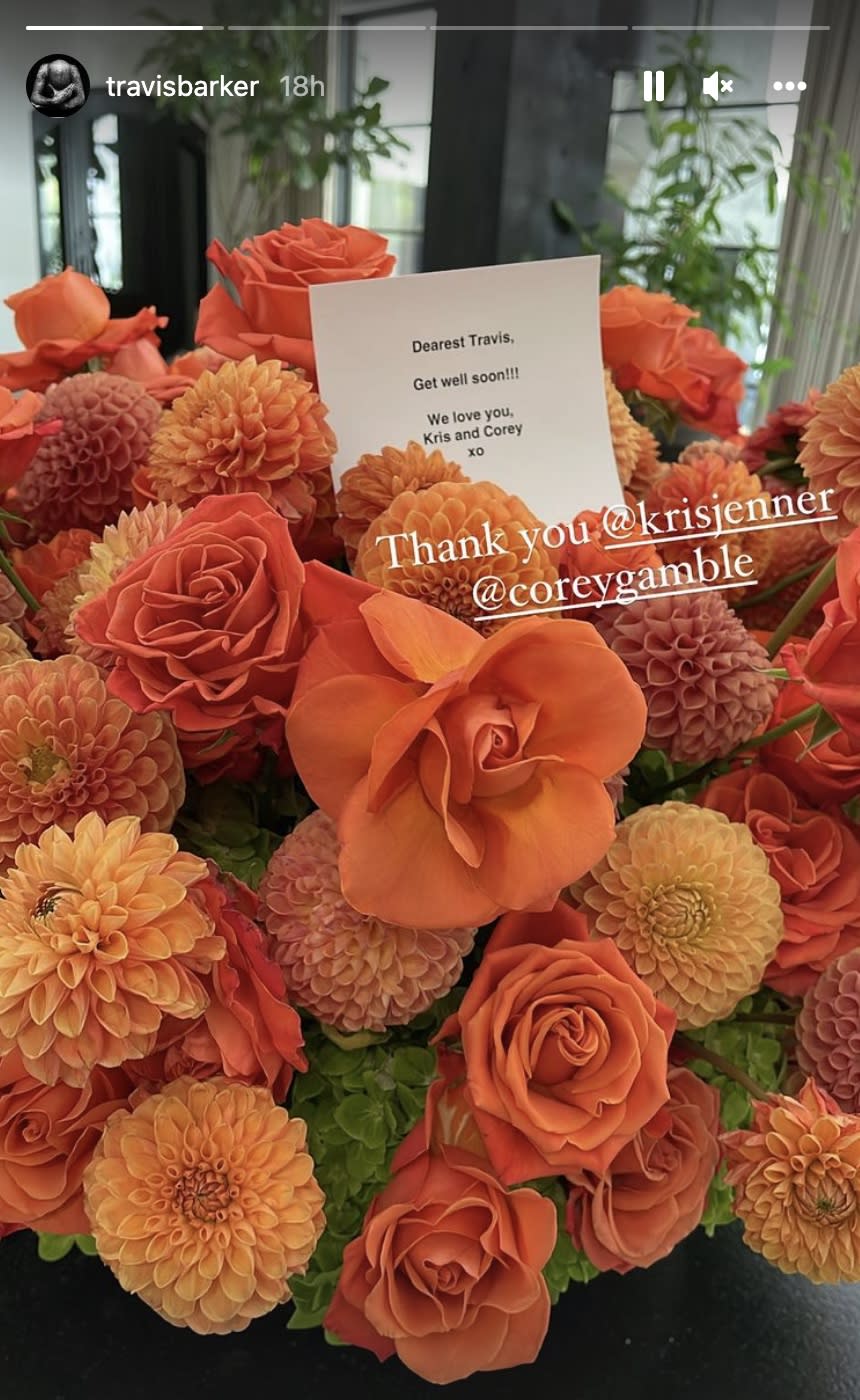 Kris Jenner and Corey Gamble send Travis Barker flowers as he returns home. (Photo: Travis Barker via Instagram.)