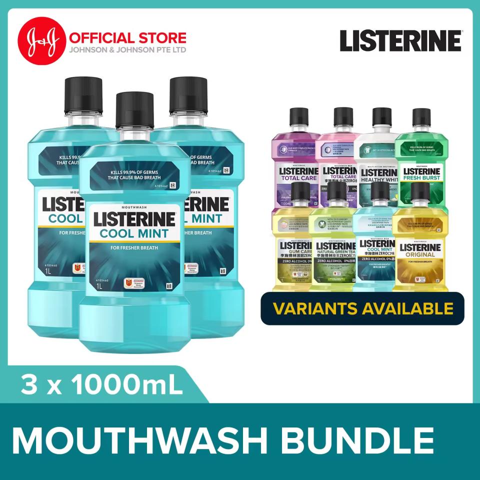 [Bundle of 3] Listerine Mouthwash 1000ml - Cool Mint, Green Tea, Gum Care, Healthy White, Original, Total Care (Fresh Breath Dental Oral care). (Photo: Lazada SG)