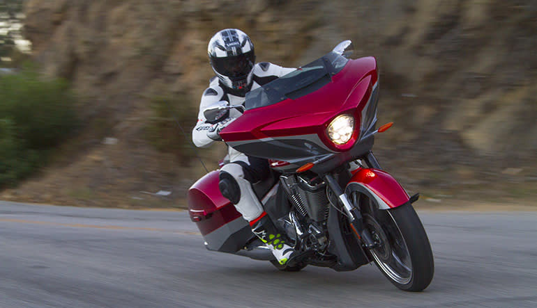 Our resident racer Bruce Speedman racing around on the Victory Cross Country. This was his first time riding a big cruiser.