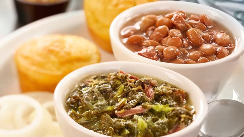 turnip greens, pinto beans, corn muffins, onion slices