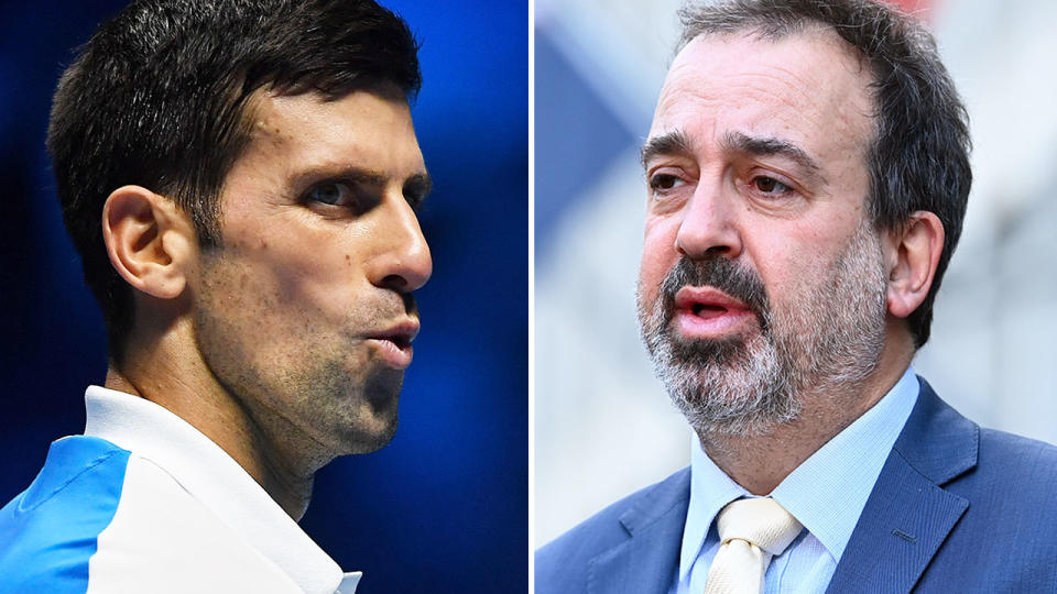 Victorian Sports Minister Martin Pakula is pictured right alongside Novak Djokovic.