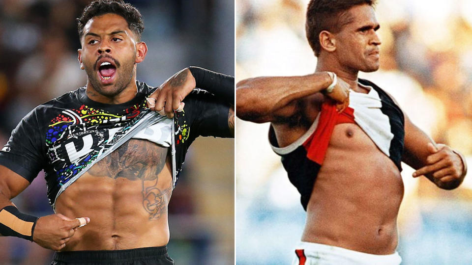 Pictured here, Josh Addo-Carr recreating a famous photo of Indigenous footy icon Nicky Winmar. 