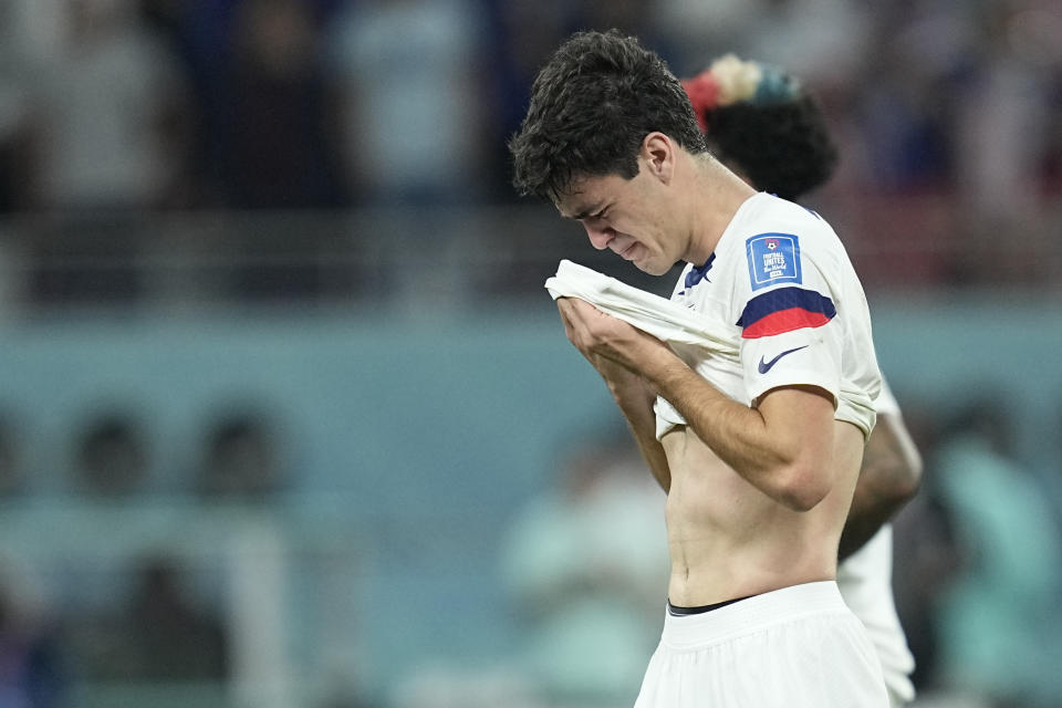 Gio Reyna of the United States is dejected after the World Cup round of 16 soccer match between the Netherlands and the United States, at the Khalifa International Stadium in Doha, Qatar, Saturday, Dec. 3, 2022. Netherlands won 3-1. (AP Photo/Ebrahim Noroozi)