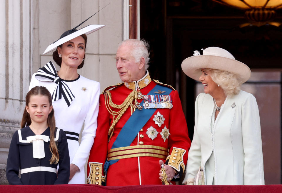 Britain's King Charles, Queen Camilla, Catherine, Princess of Wales and Princess Charlotte appear on the balcony of Buckingham Palace as part of the Trooping the Colour parade to honour Britain's King Charles on his official birthday in London, Britain, June 15, 2024. REUTERS/Hollie Adams     TPX IMAGES OF THE DAY