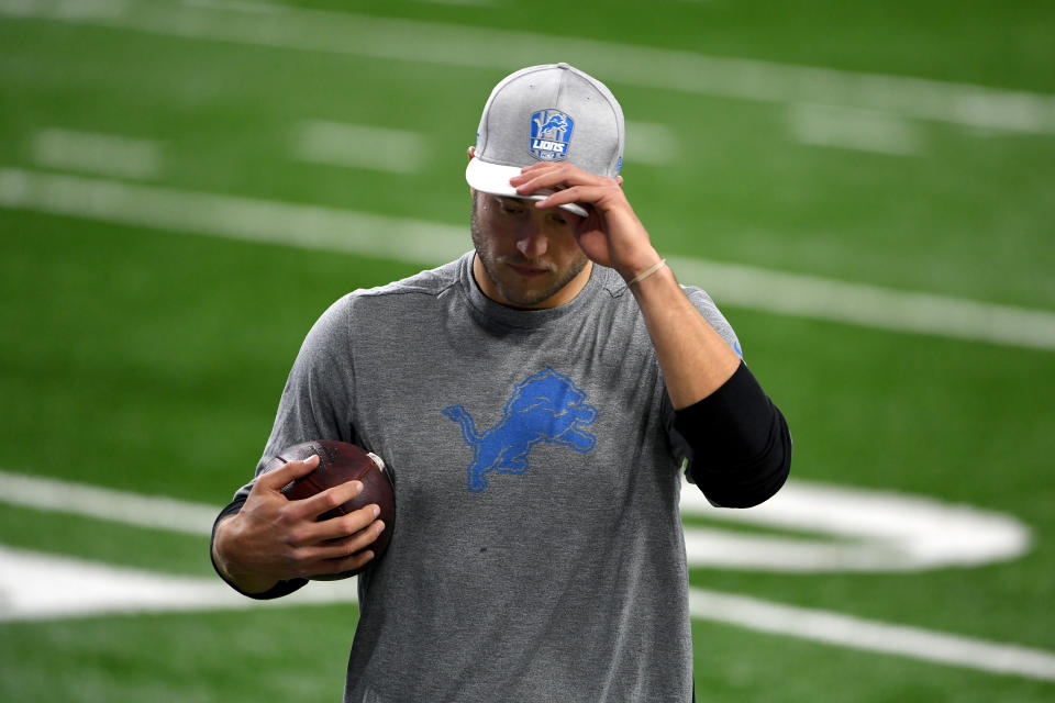 DETROIT, MICHIGAN - NOVEMBER 15: Matthew Stafford #9 of the Detroit Lions looks on prior to their game against the Washington Football Team at Ford Field on November 15, 2020 in Detroit, Michigan. (Photo by Nic Antaya/Getty Images)