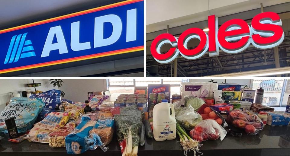 Composite image of Aldi and Coles signs, and groceries laid out on a kitchen bench.