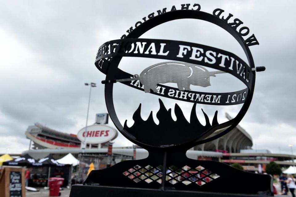 Blues Hog displayed its trophy from the Memphis in May International Festival. The three-day Kansas City BBQ Festival in the parking lot of the GEHA Field at Arrowhead Stadium concluded Sunday, July 11, 2021.