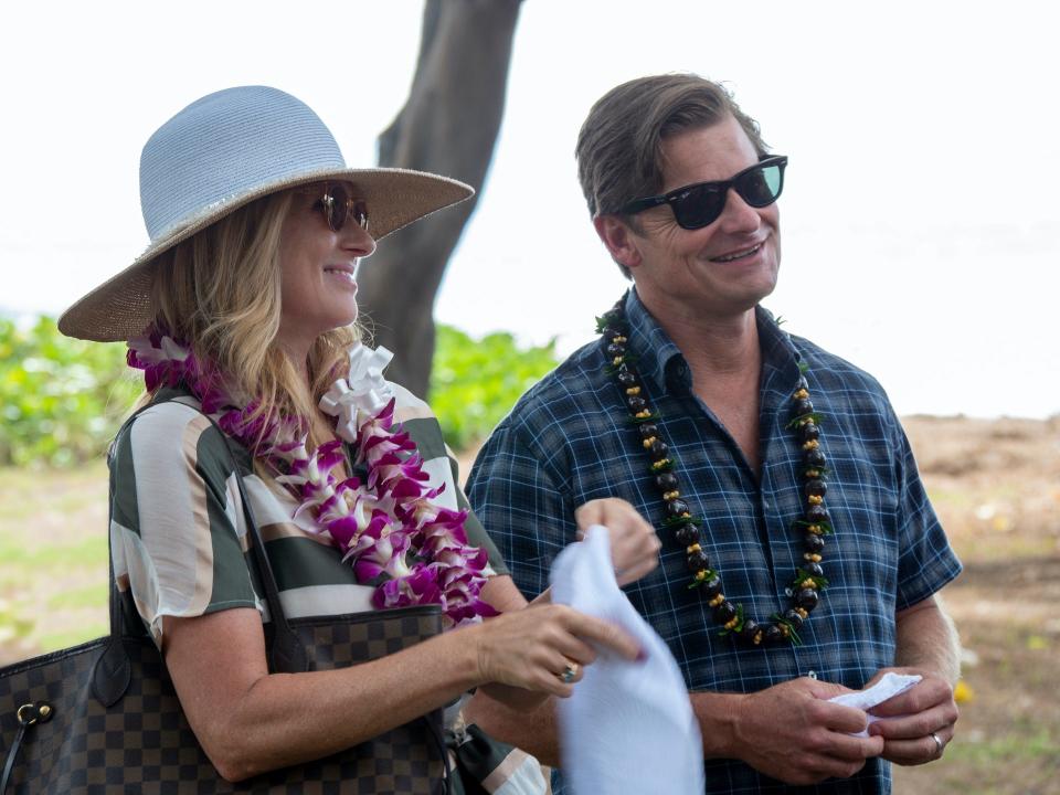 Wealthy spouses and parents Nicole (Connie Britton), left, and Mark (Steve Zahn), appear to have it all, but their stay at a Hawaiian resort reveals cracks in the perfect facade in HBO's "The White Lotus."