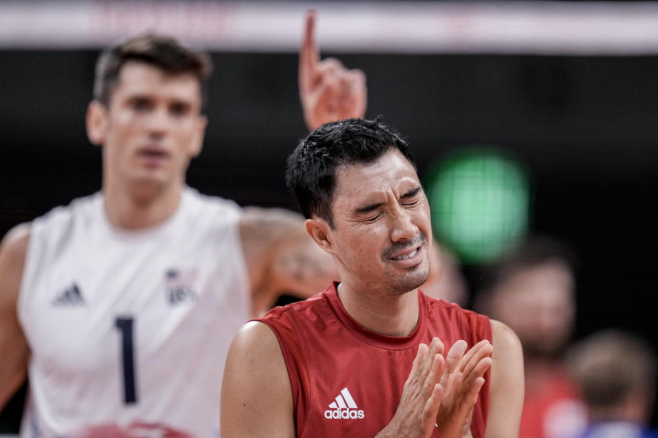 United States' Erik Shoji reacts during the men's volleyball preliminary round pool B match between United States and Russian Olympic Committee at the 2020 Summer Olympics, Monday, July 26, 2021, in Tokyo, Japan. (AP Photo/Manu Fernandez)