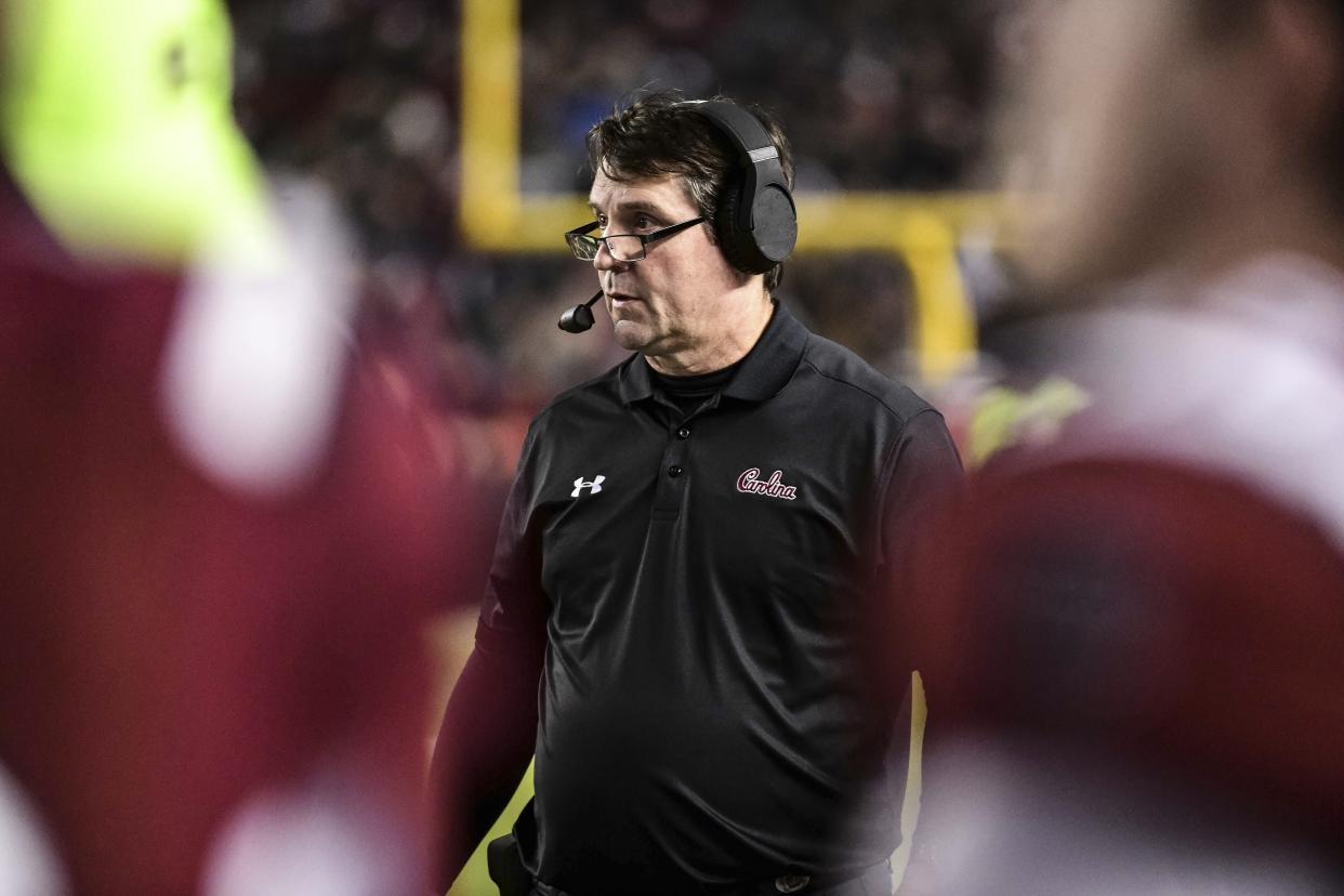 South Carolina head coach Will Muschamp walks on the sideline during the second half of an NCAA college football game Saturday, Nov. 2, 2019, in Columbia, S.C. South Carolina defeated Vanderbilt 24-7. (AP Photo/Sean Rayford)