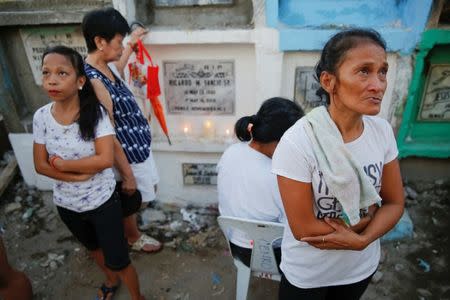 The mother and sister of Angelo Lafuente, whose body, riddled with bullets, was found by a filthy river that feeds into the Manila bay, visit his grave on the All Saints Day in Manila, Philippines November 1, 2016. REUTERS/Damir Sagolj