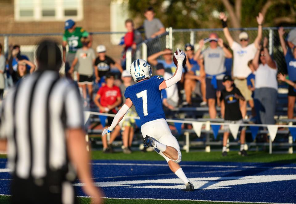 OÕGormanÕs Hayden Groos runs the ball for a touchdown after an interception on Friday, September 2, 2022, at OÕGorman High School.