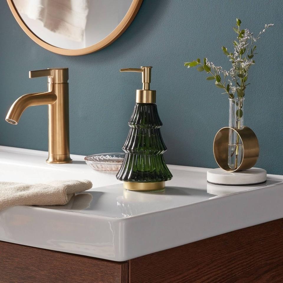 The soap dispenser on a sink counter with decor