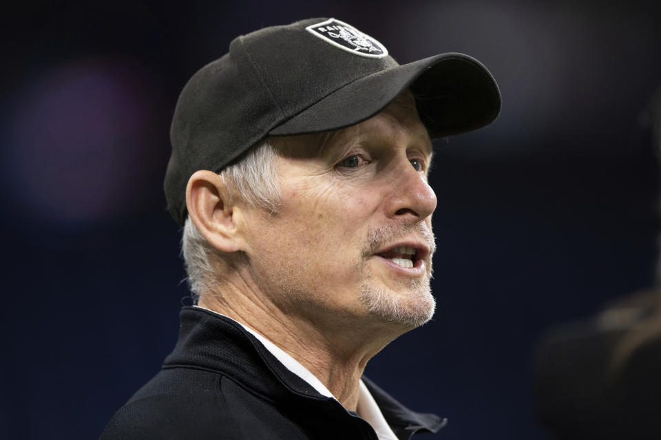Las Vegas Raiders general manager Mike Mayock was informed he will be let go by the team. (AP Photo/Zach Bolinger)