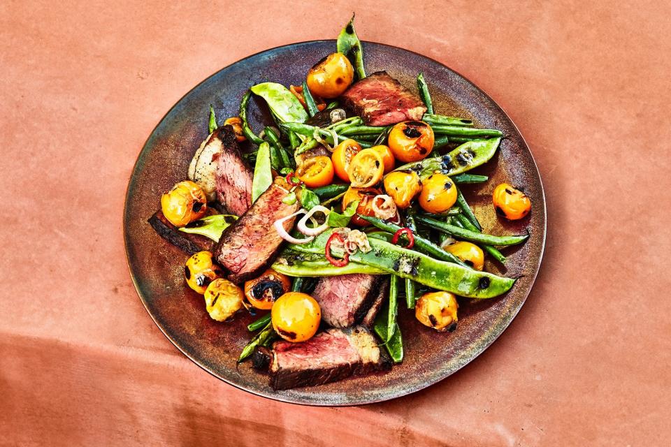 <h1 class="title">Grilled Strip Steak with Blistered Tomatoes and Green Beans</h1><cite class="credit">Photo by Alex Lau, Prop Styling by Amy Wilson, Food Styling by Rebecca Jurkevich</cite>